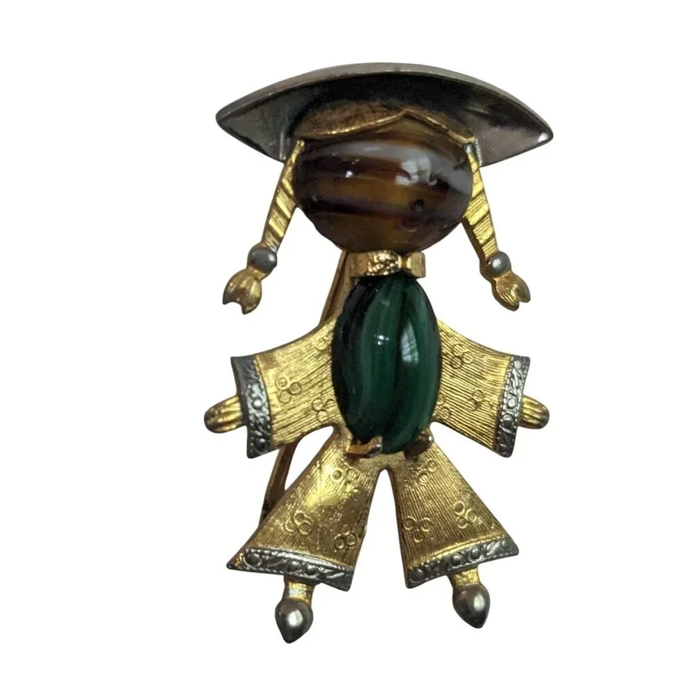 Vintage‎ Asian Figural Brooch Set Gold Tone Green Brown Stone Boy Girl Pins